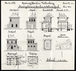 859281 Aanzichten, doorsneden, plattegronden en situatie van het te bouwen seinhuis van de M.E.S.S. op het station te ...